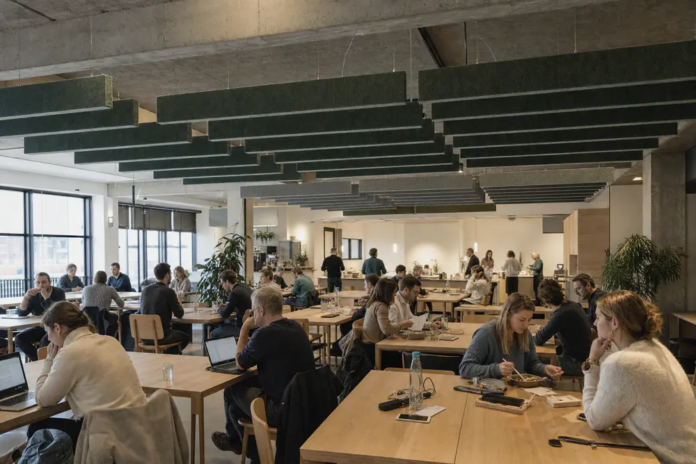 Bedrijfskantine met rijen groene vilten baffles onder een hoog betonplafond