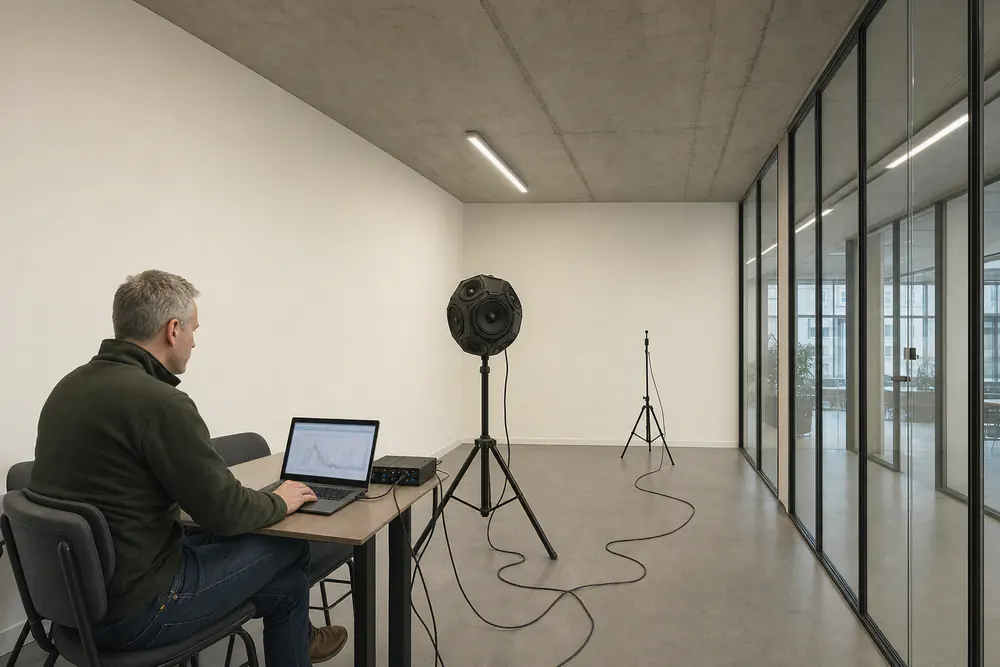Akoestische meting met een meetluidspreker op statief en een meetmicrofoon in een lege vergaderruimte