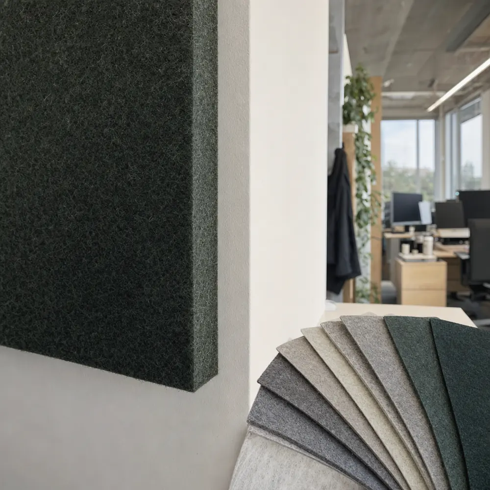 Rand van een groen akoestisch viltpaneel op een witte wand met een waaier van viltstalen
