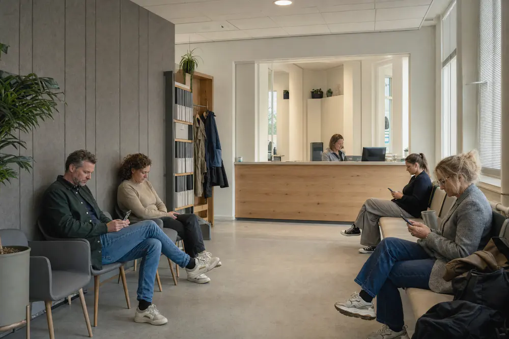 Wachtkamer van een praktijk met een wand van grijze akoestische panelen